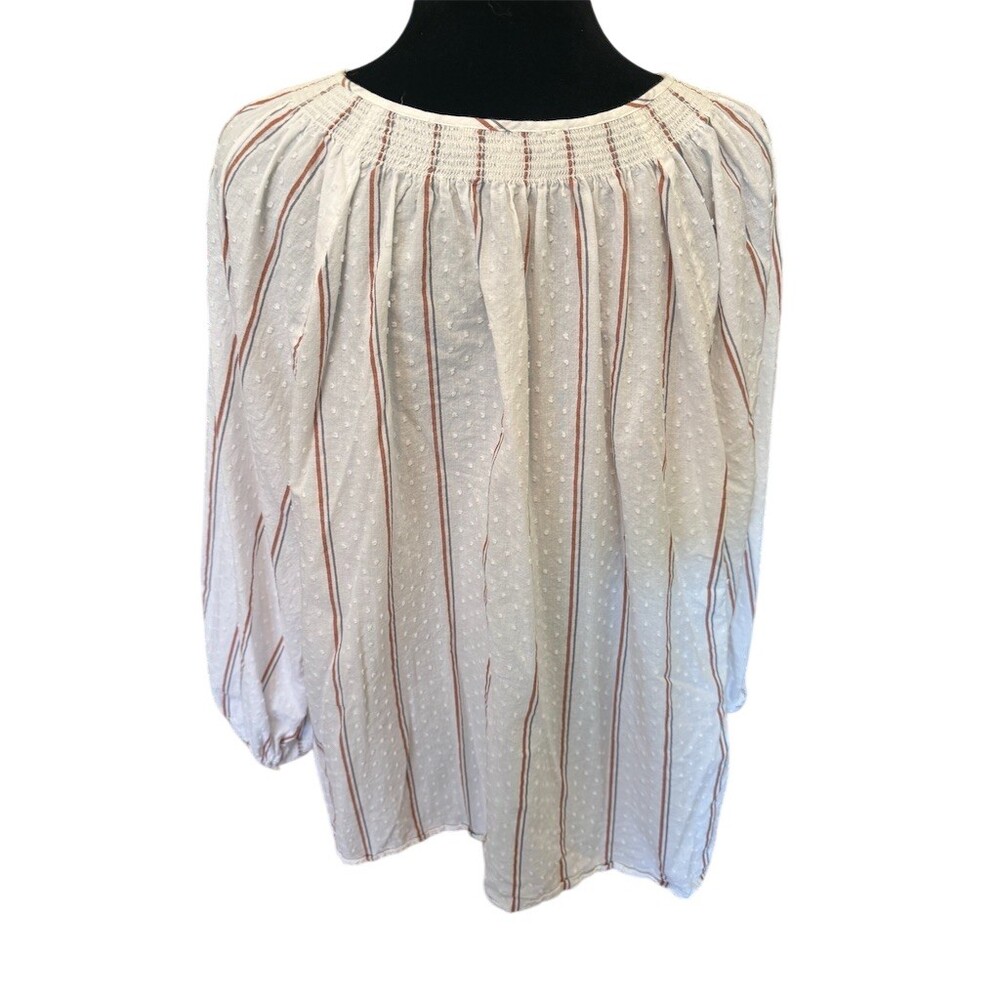 Madewell Blouse Womens 2XL Ivory Striped Swiss Dot Smocked Boho Henley - Picture 4 of 8
